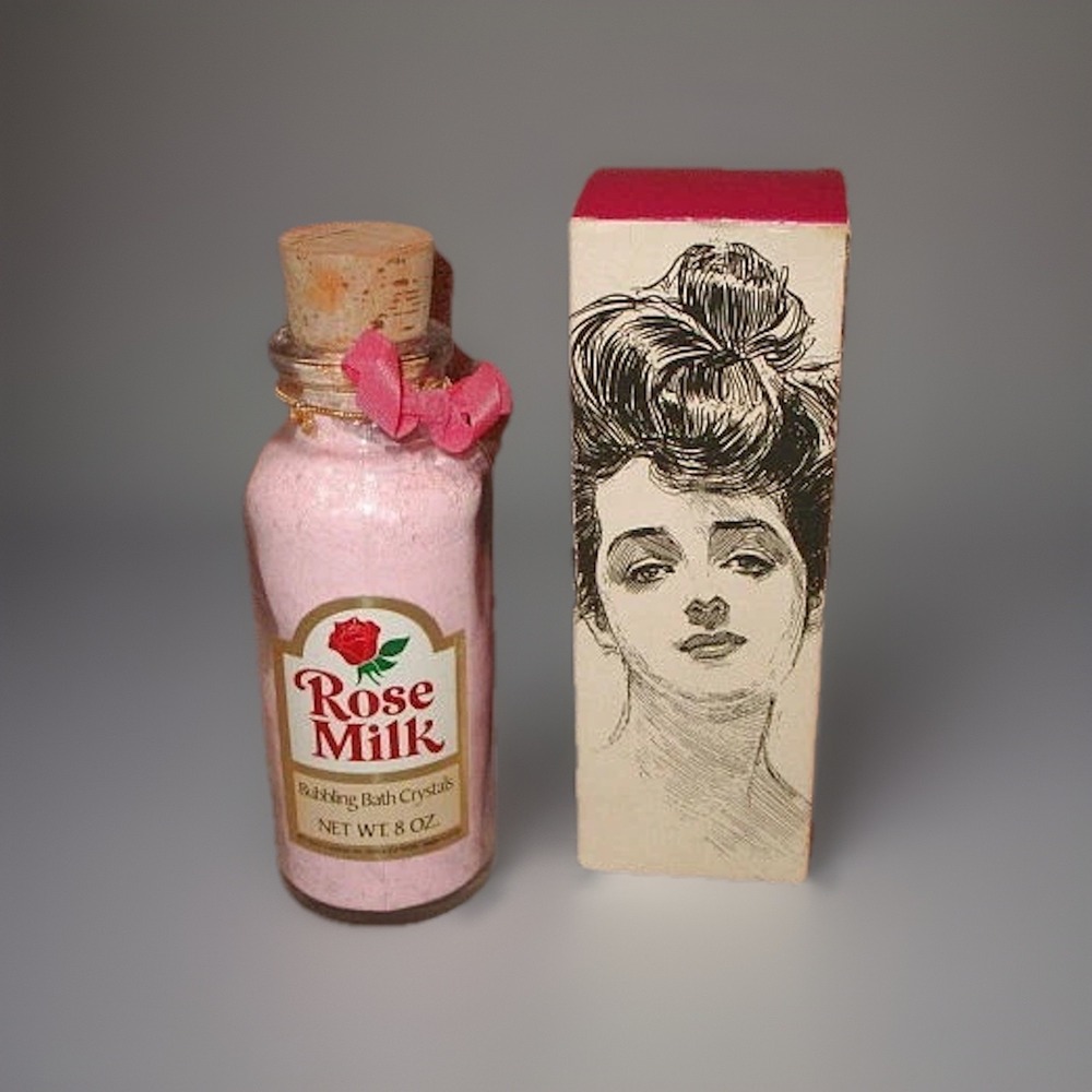Rose Milk Luxury Bubble Bath Crystals Glass Bottle Victorian Edwardian 70s NEW